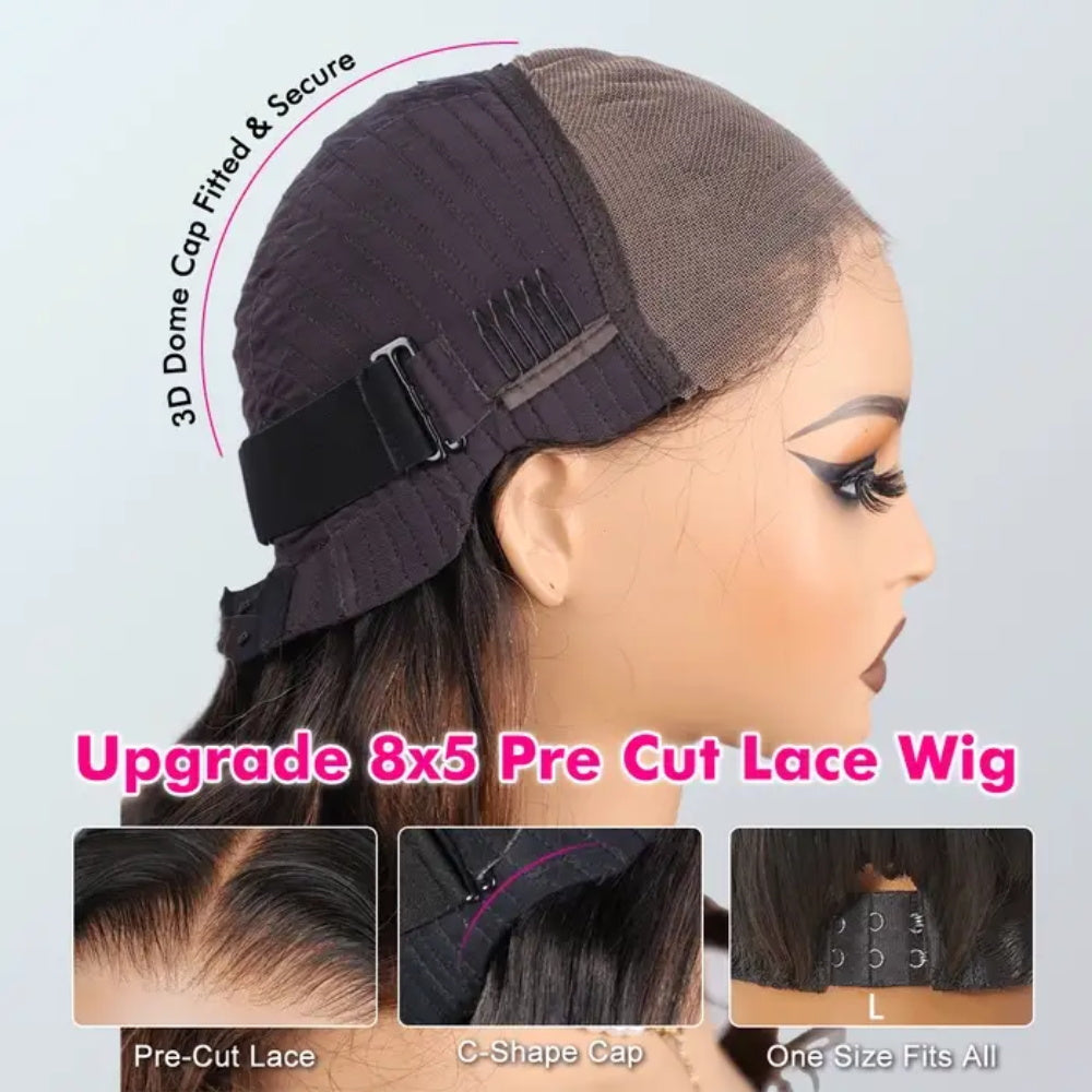 Black Cherry Curtain Bangs Body Wave Human Hair 8x5 Pre Cut Lace Glueless HD Lace Wigs 180% Density