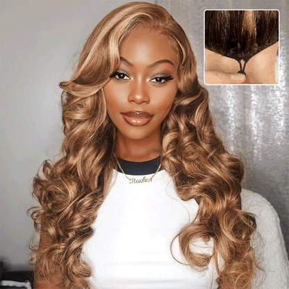 Pull & Go Glueless Wig Highlight 4/27 Honey Blonde Body Wave 13×6 HD Lace Wig Invisible Knots Natural Hairline