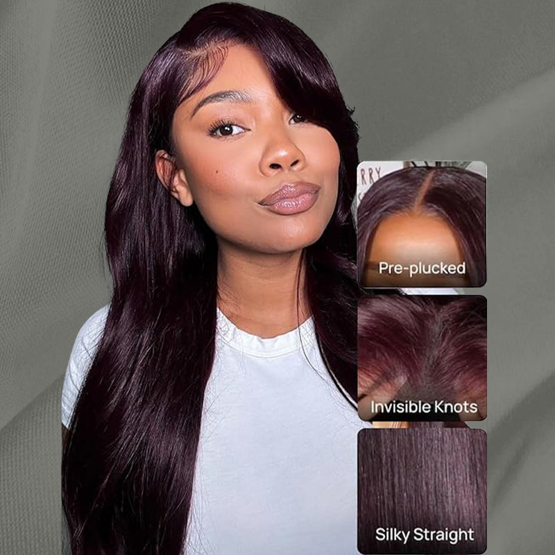 Black Cherry Dark Purple Sugar Plum  Straight 13x6 HD Lace Front Wigs Human Hair Wigs